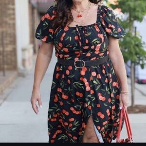 Cider Women's Cherry Split Knotted Shirred Midi Dress in Red, Size 3X